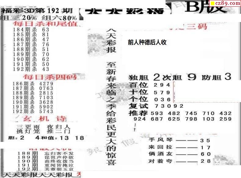 天天彩报21年192期3d画谜专区