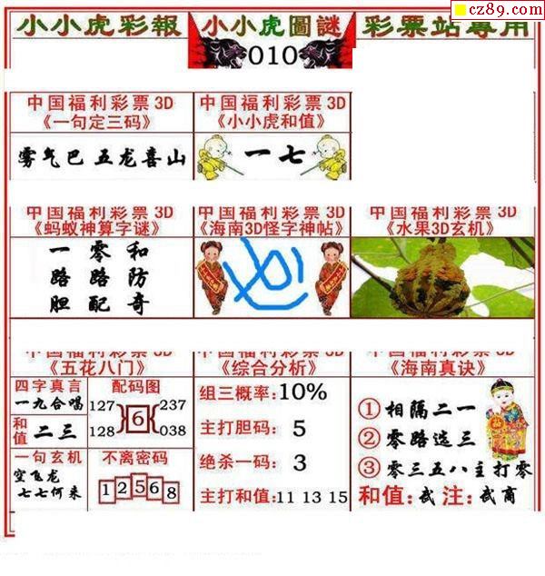 小小虎彩报2021010期福彩3d图谜3