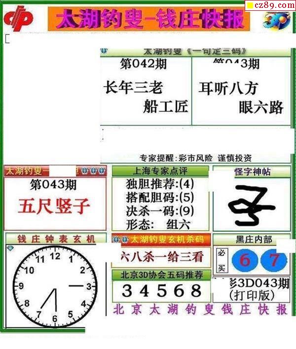 钱庄快报2021043期福彩3d图谜2