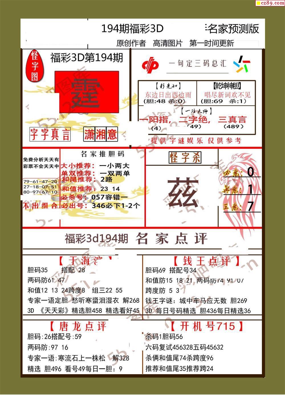 2022年194期福彩3d牛彩名家预测图谜